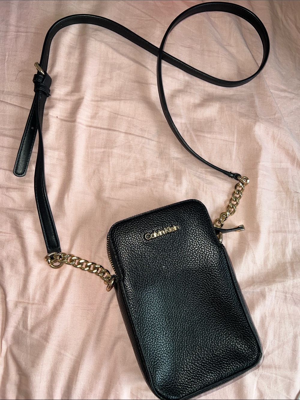 Calvin Klein Black Pebbled Mini Crossbody with Gold colored Hardware